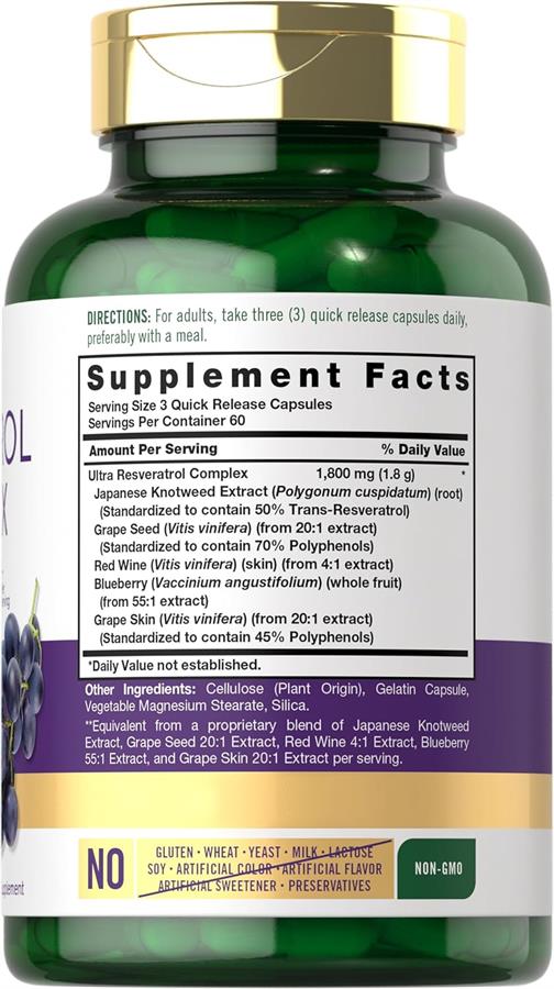 Carlyle Suplemento de resveratrol 1800 mg-180 cápsulas Sin OMG y sin gluten