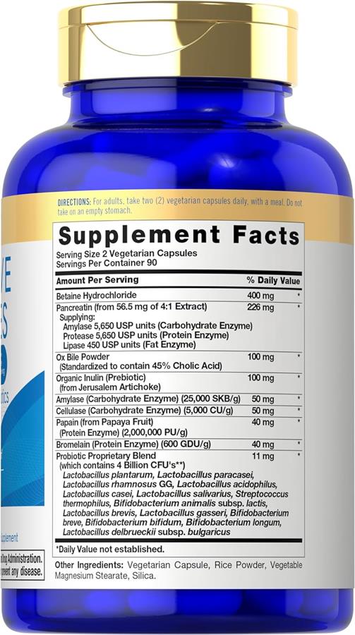 Carlyle Enzimas digestivas con probióticos y prebióticos 180 cápsulas Suplemento sin OMG y sin gluten
