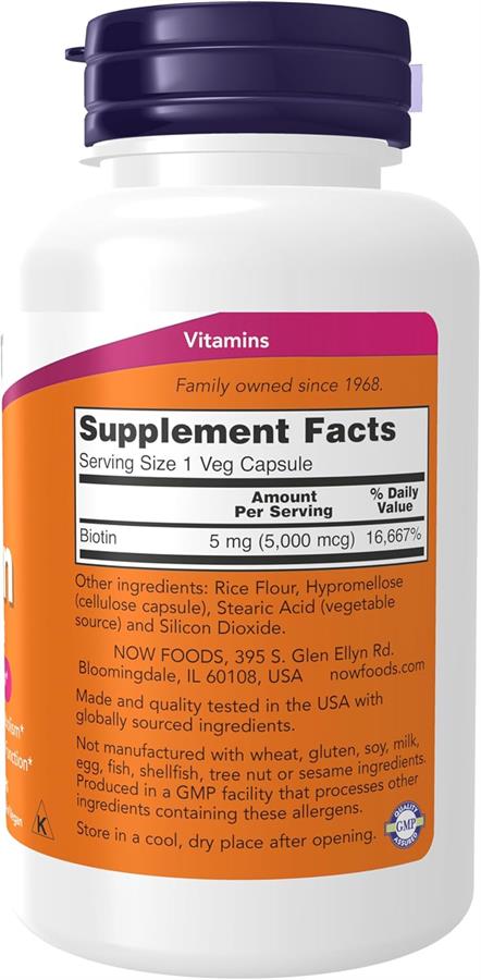 NOW Foods, Biotina, 5000 mcg x120 cápsulas vegetales