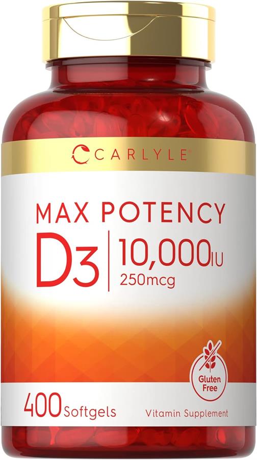 Carlyle Vitamina D 10000 IU 400 Cápsulas blandas Promueve huesos y dientes fuertes Sin OMG, suplemento sin gluten