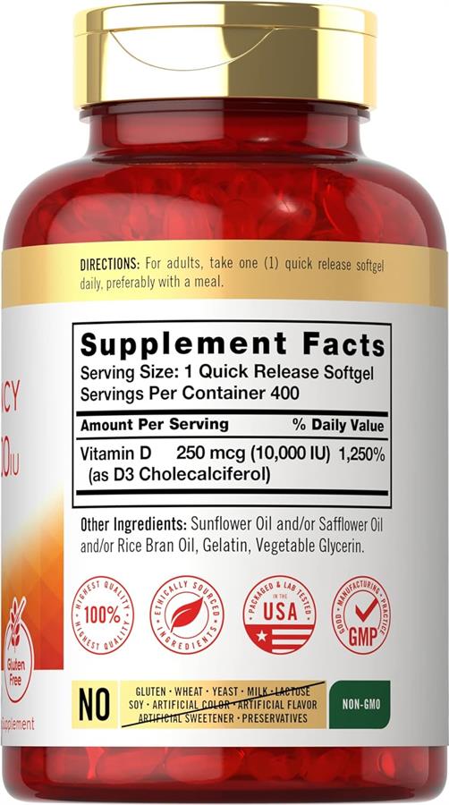Carlyle Vitamina D 10000 IU 400 Cápsulas blandas Promueve huesos y dientes fuertes Sin OMG, suplemento sin gluten
