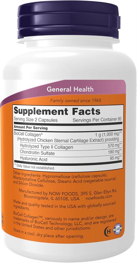 NOW Foods BioCell Collageno Hydrolizado Tipo II, Validado Clínicamente x 120 Cápsulas Vegetales