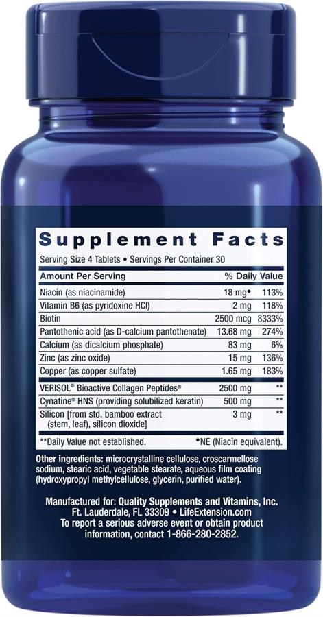 Life Extension Fórmula colágeno Plus (cabello-piel-uñas) queratina, niacina, vitamina B6, biotina, calcio y zinc x 120 unidades