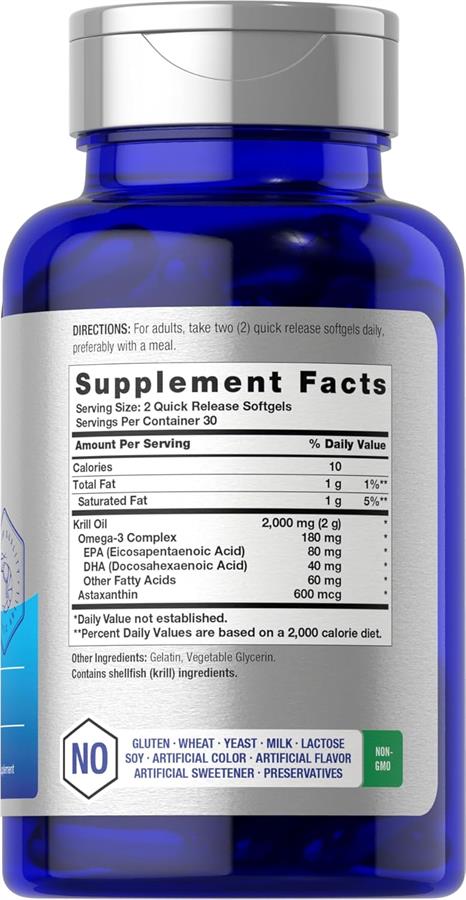 Horbäach Aceite de krill antártico de 2000 mg 60 cápsulas blandas  Suplemento Omega-3, EPA, DHA con astaxantina Sin OMG, sin gluten
