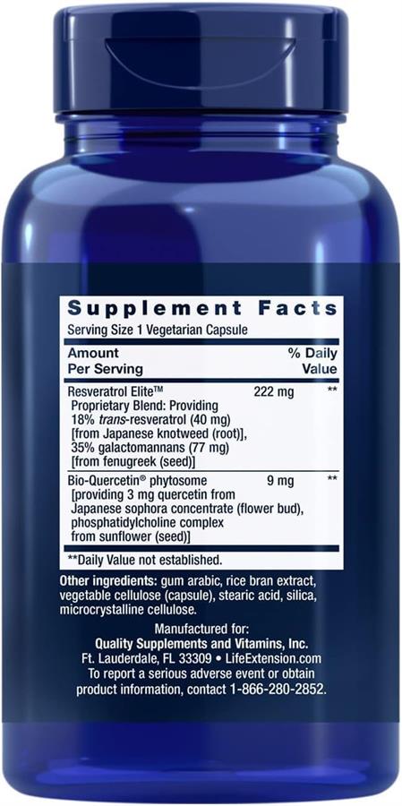 Life Extension Resveratrol Elite optimizado x 60 cápsulas vegetarianas, con fitosoma bio-quercetina Sin OMG, sin gluten