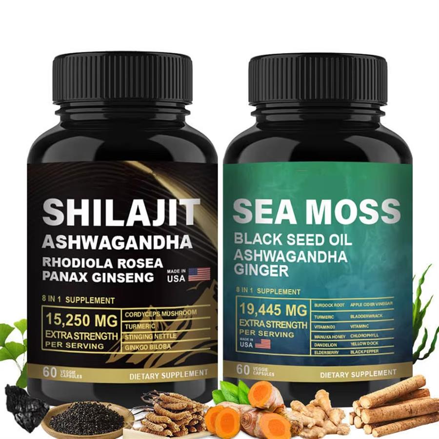 Shilajit Ashwagandha Rhodiola Ginseng Cordyceps Musgo Marino Aceite Semilla Negra  Curcuma  32 En 1 pack 2 en 1
