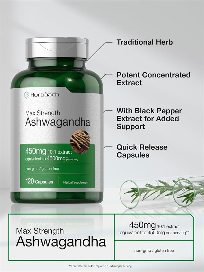 Horbaach Ashwagandha 4500 Mg 120 Cáps Gluten Free-omg Free (Stock inmediato)