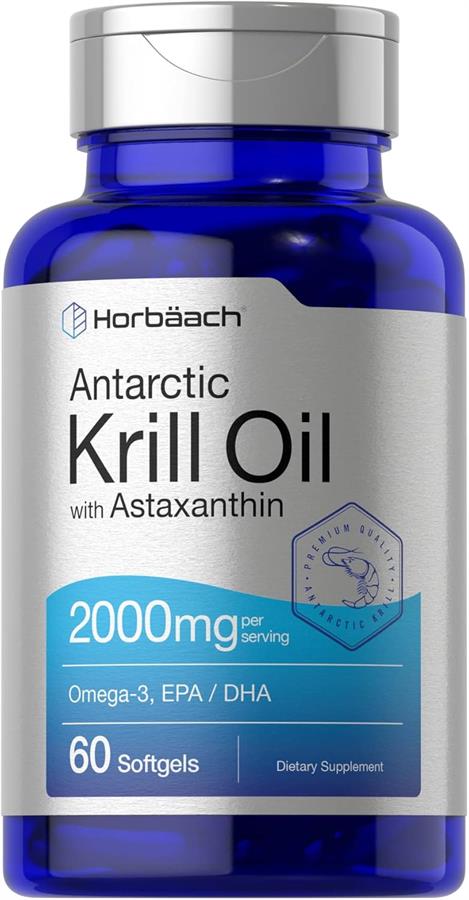 Horbäach Aceite de krill antártico de 2000 mg 60 cápsulas blandas  Suplemento Omega-3, EPA, DHA con astaxantina Sin OMG, sin gluten